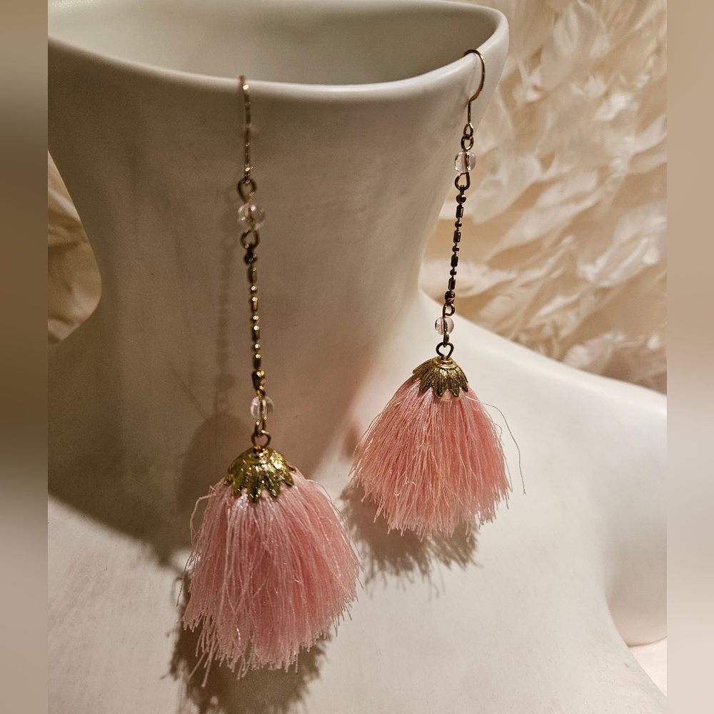Gold Tone Dangle Earrings with Pink Tassels